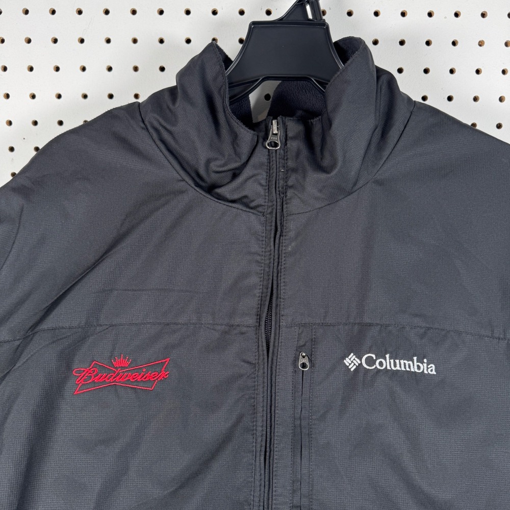 Budweiser Logo Columbia Jacket Mens XXL Black Fleece Lined Full Zip Coat SPOTS